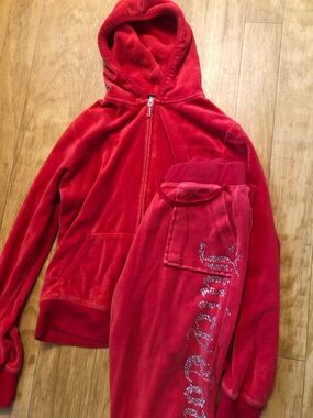 Juicy Couture Red Velour Hoodie & Joggers Set with Sparkle Script